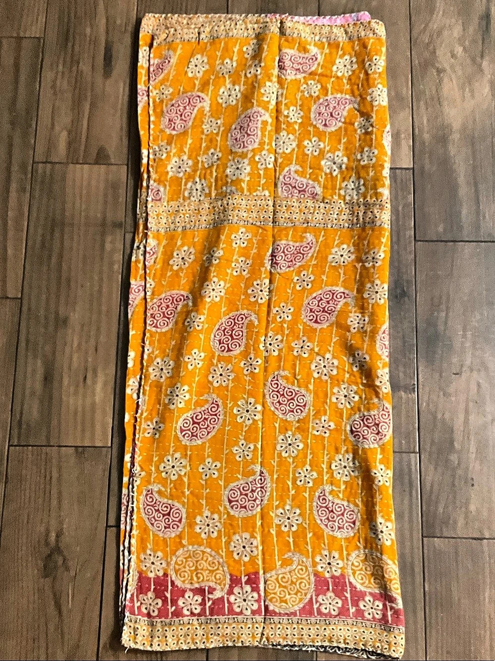 Imported Kantha Quilt Twin Paisley Print Orange & Pink Reversible from India